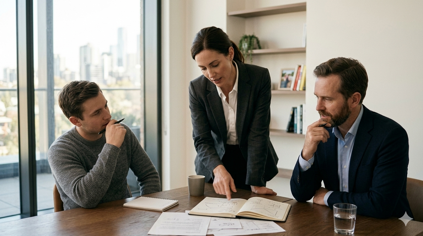 A woman in a blazer stands at a conference table pointing to an open notebook with diagrams, while two men seated on either side listen attentively in a modern office with a city view.