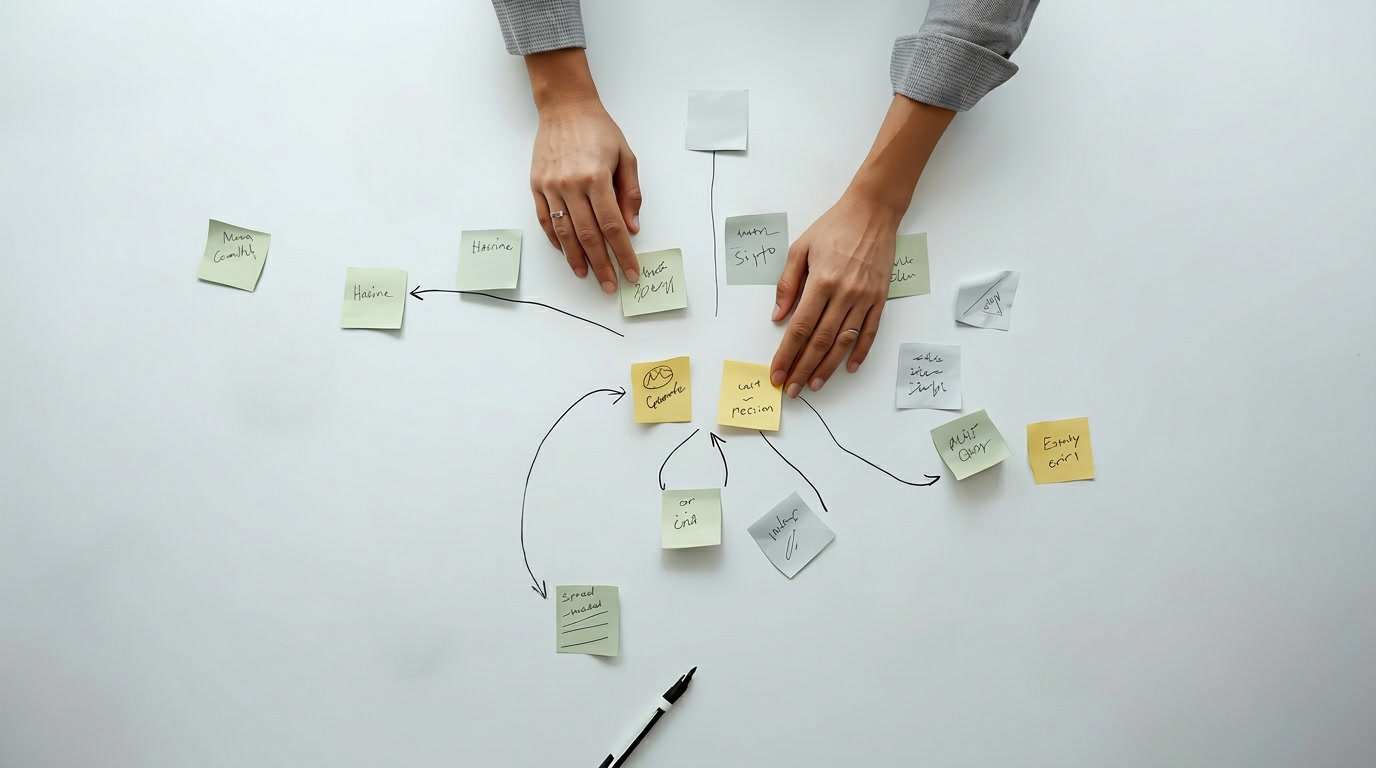Overhead view of two hands arranging handwritten sticky notes connected by drawn arrows on a white surface, forming a brainstorming mind map, with a marker pen in the foreground.